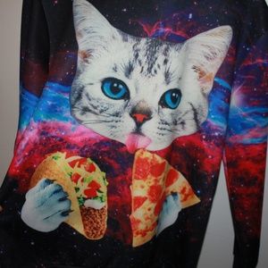 Cat eating pizza and tacos pullover Sz L hoodie
